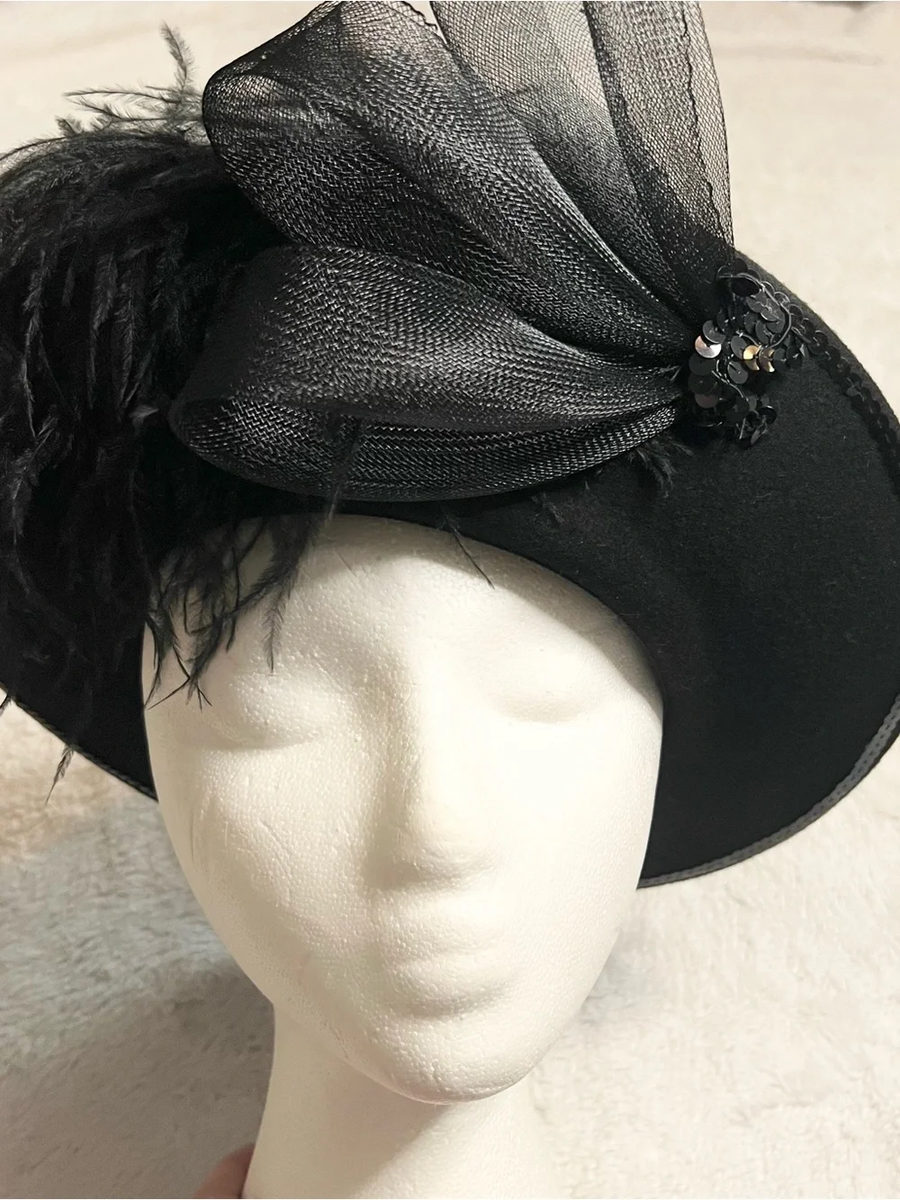 Vintage Black Wool Feathered Organza Fascinator Hat Derby Church Wedding Funeral
